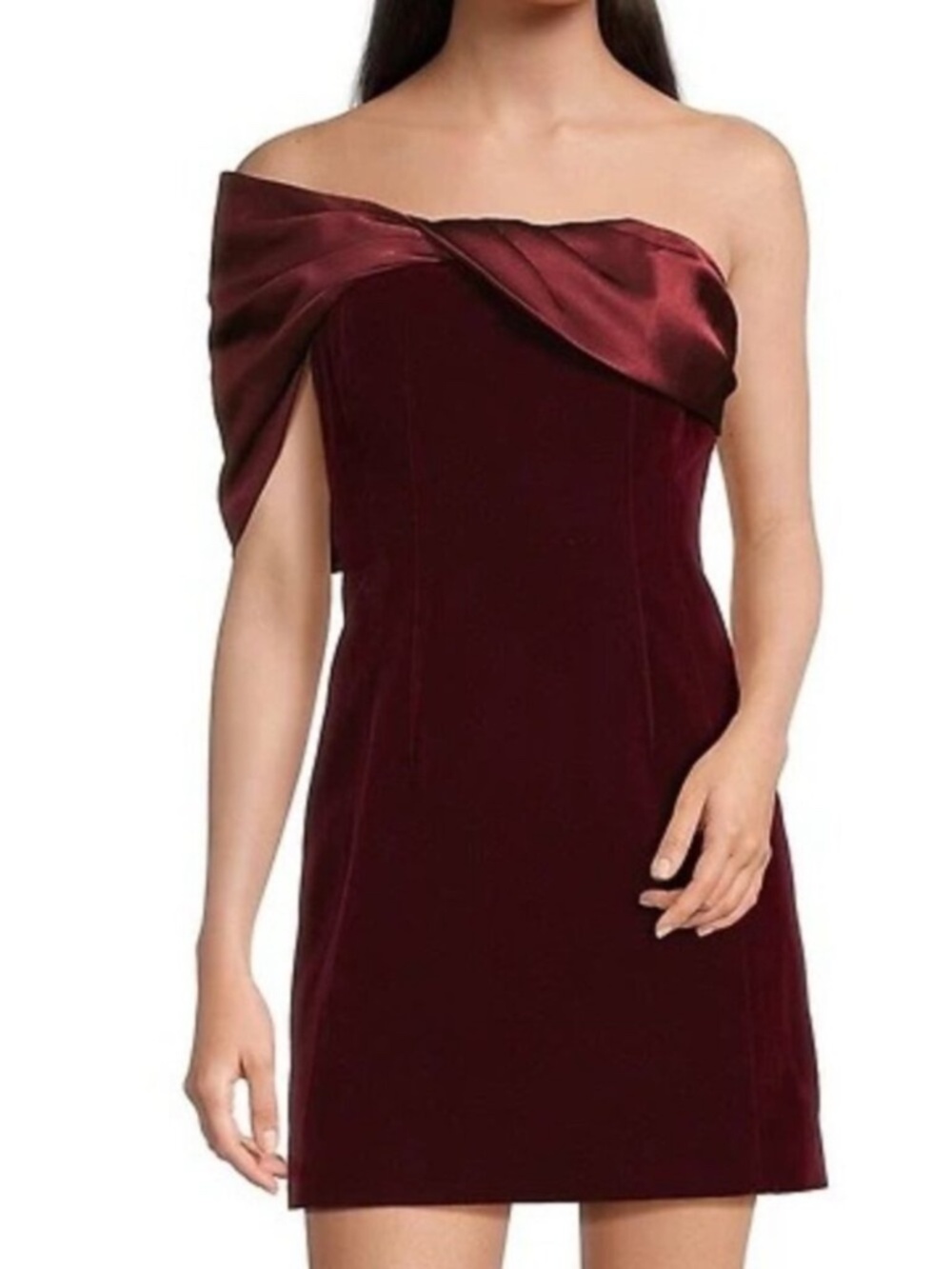 NWT Marchesa / Muse Cosmos Garnet Velvet One Shoulder Mini Dress Evening